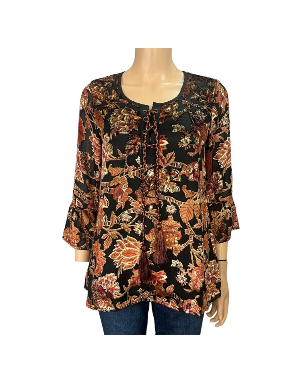 Soft Surroundings Velvet Burnout Tunic Top M Bell Sleeve Floral Boho